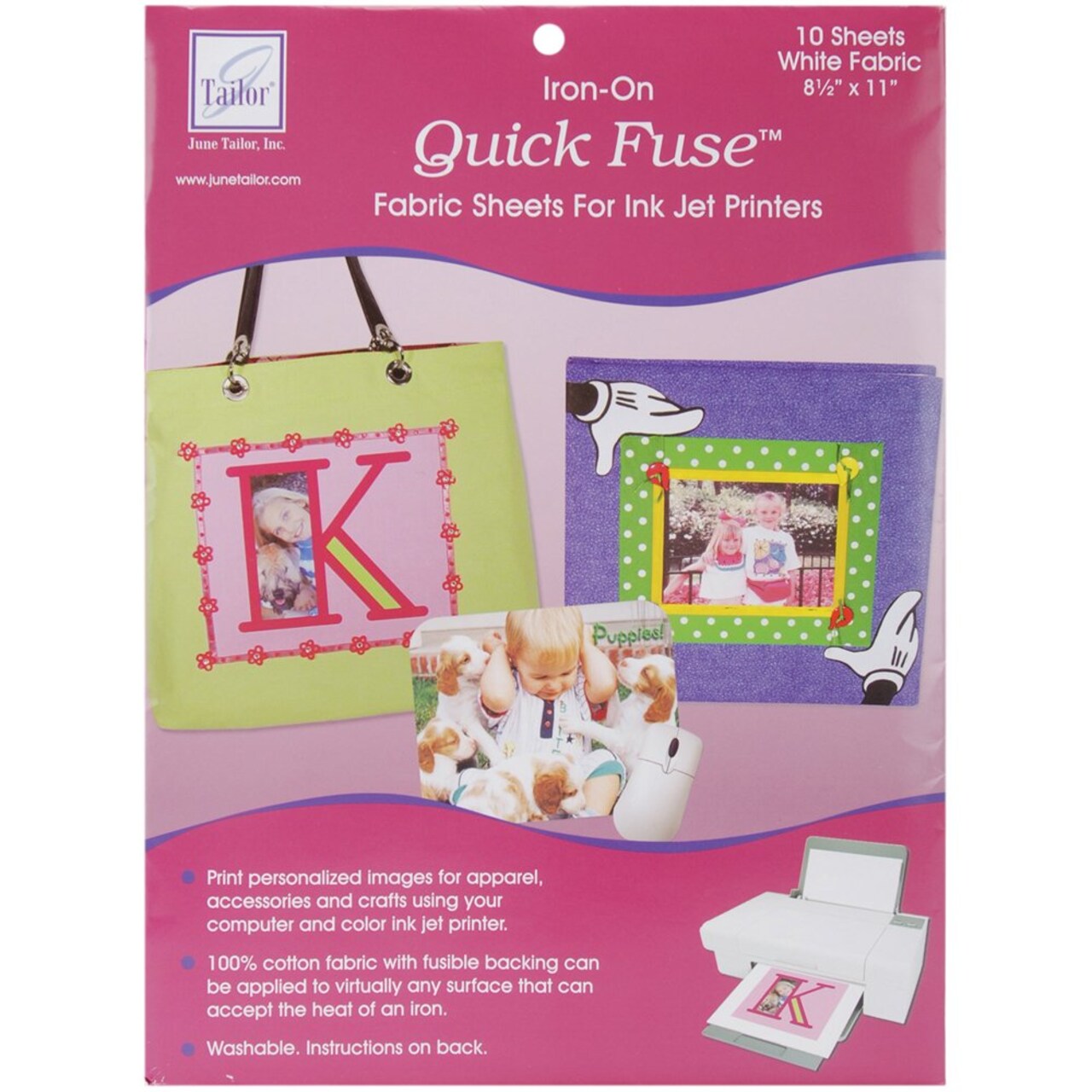 June Tailor Quick Fuse Iron-On Inkjet Fabric Sheets, White, 10-Pack, 8.5" x 11" Printable Fabric